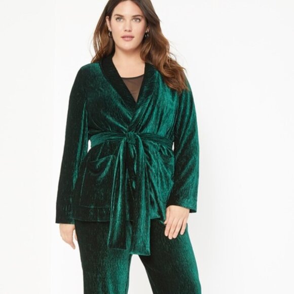 Eloquii Velvet Robe Blazer tied with belt 18 dark emerald green - Picture 1 of 3